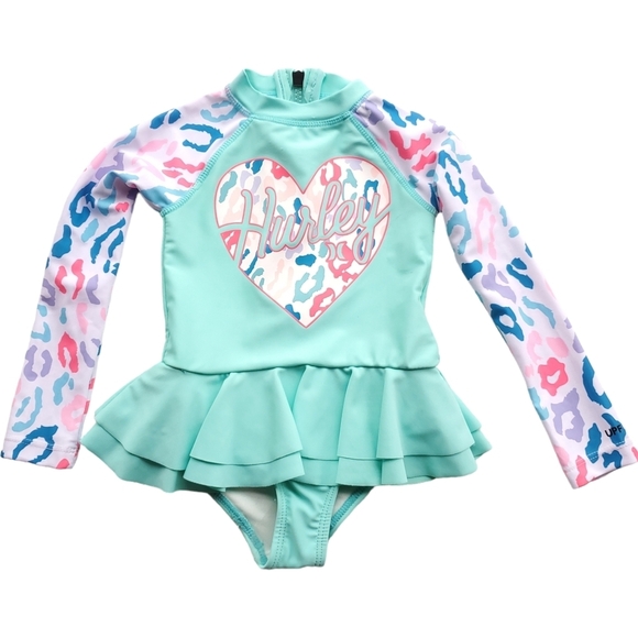 NWOT Hurley One-piece Rashguard Skirted Swimsuit Long-sleeve Turquoise 2T - Picture 1 of 4